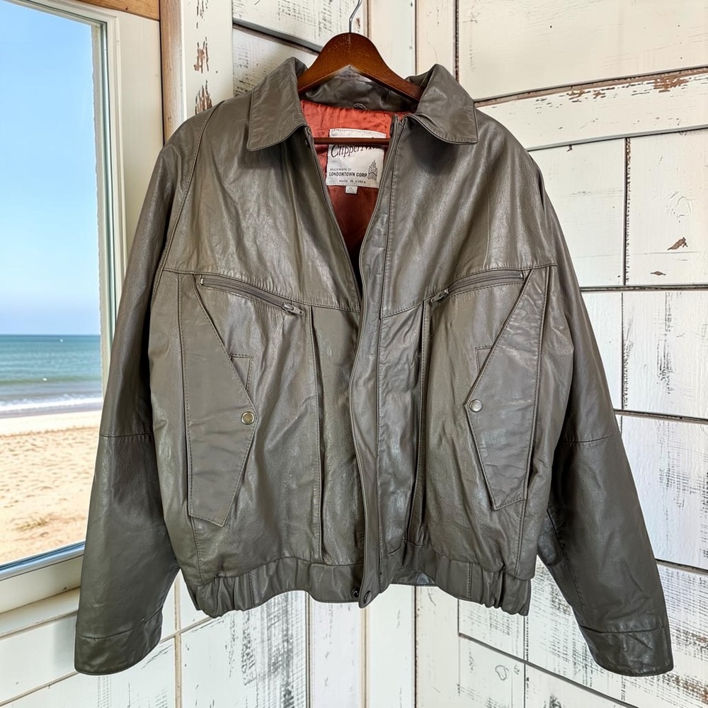 Vintage Leather Bomber Jacket Clipper Mist XL Grey Mushroom Taupe 90s Dad Indie